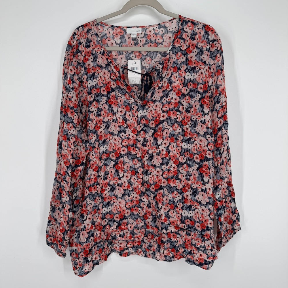J. Jill Women’s XL Floral Blouse Long Sleeve Keyhole Tie Neck Multicolor Top NEW